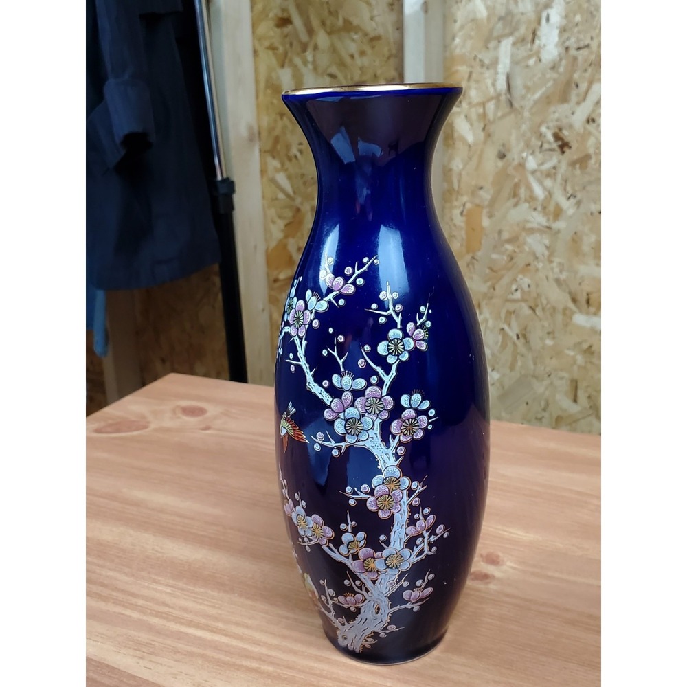 Gilded Cherry Tree Bird Decoration Nagoya Japan 11 in Dark Cobalt Blue Vase Exce